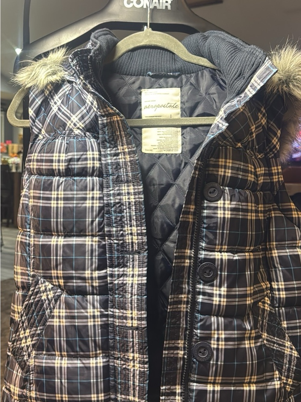 Aeropostale Black Plaid Puffer Coat with Faux Fur Trim #229